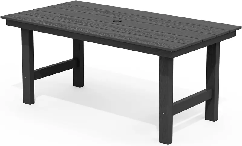 SERWALL Blue HDPE 7-Piece Outdoor Dining Set: Weatherproof Patio Table with Umbrella Hole + Six Stackable Chairs
