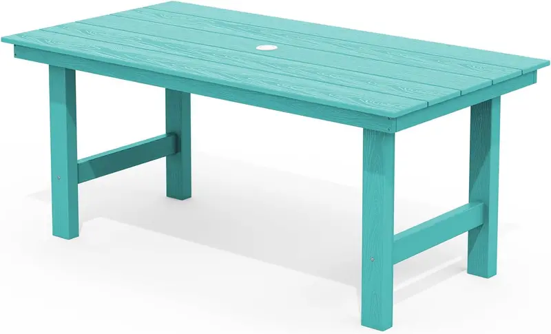 SERWALL Blue HDPE 7-Piece Outdoor Dining Set: Weatherproof Patio Table with Umbrella Hole + Six Stackable Chairs