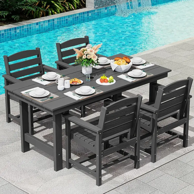 SERWALL Blue HDPE 7-Piece Outdoor Dining Set: Weatherproof Patio Table with Umbrella Hole + Six Stackable Chairs
