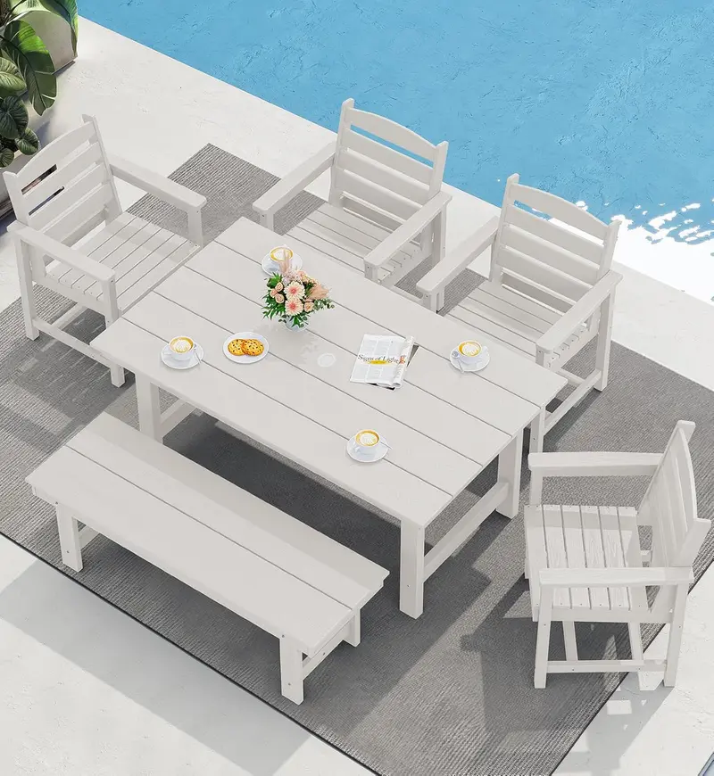 SERWALL Blue HDPE 7-Piece Outdoor Dining Set: Weatherproof Patio Table with Umbrella Hole + Six Stackable Chairs