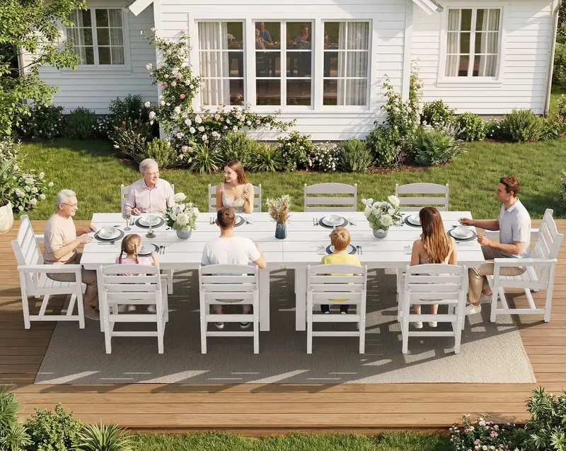 SERWALL Blue HDPE 7-Piece Outdoor Dining Set: Weatherproof Patio Table with Umbrella Hole + Six Stackable Chairs