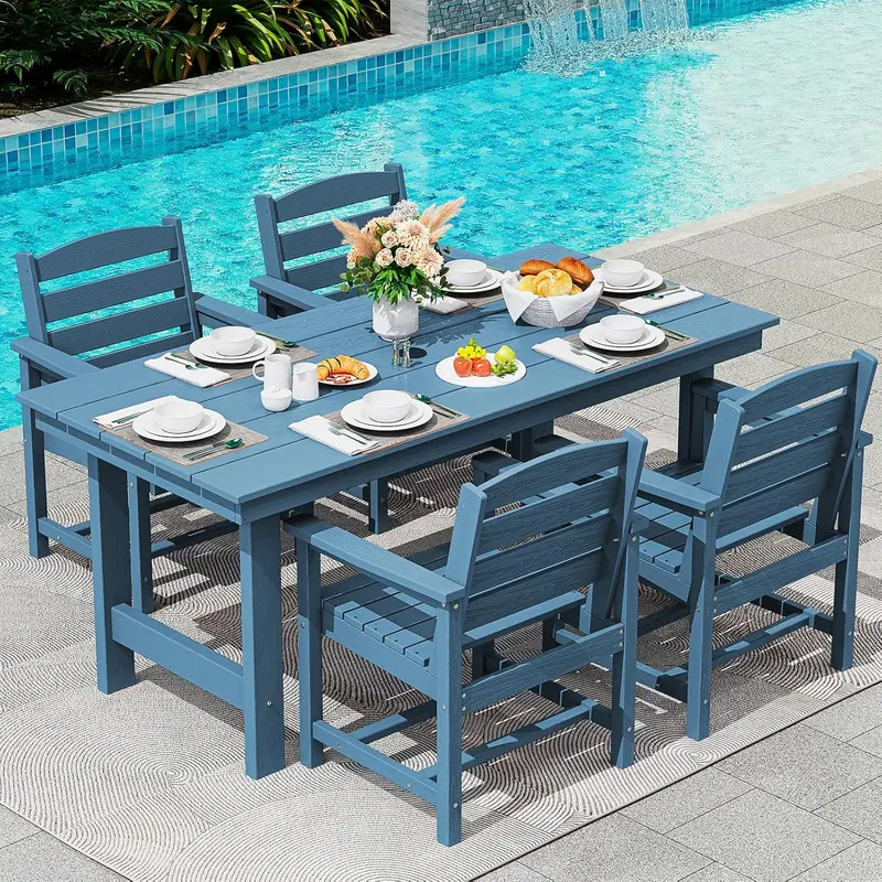 SERWALL Blue HDPE 7-Piece Outdoor Dining Set: Weatherproof Patio Table with Umbrella Hole + Six Stackable Chairs
