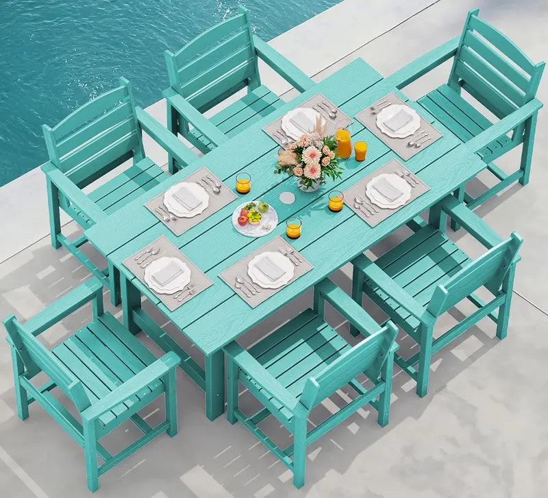 SERWALL Blue HDPE 7-Piece Outdoor Dining Set: Weatherproof Patio Table with Umbrella Hole + Six Stackable Chairs