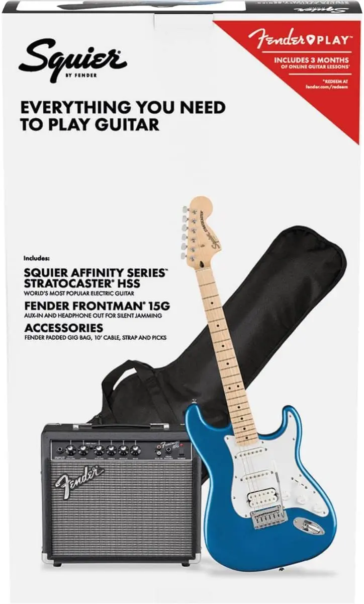 Squier Affinity Stratocaster HSS Guitar Bundle – Maple Fingerboard, Lake Placid Blue Finish