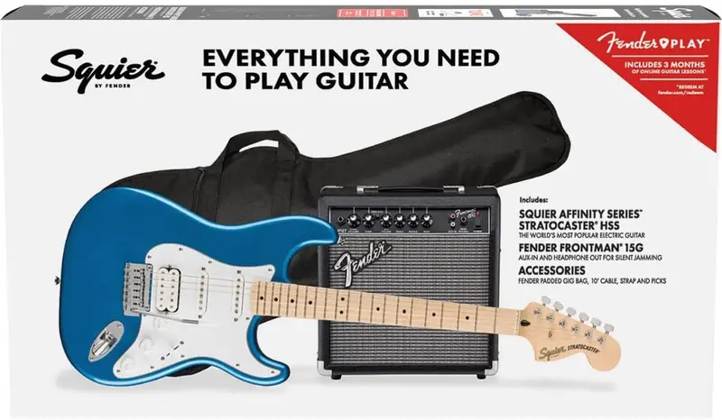 Squier Affinity Stratocaster HSS Guitar Pack — Maple Fingerboard, Lake Placid Blue Finish, Includes Amp & Accessories