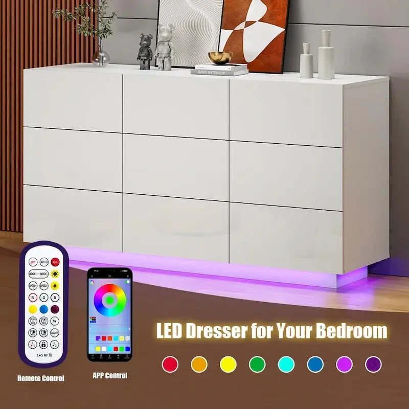 Tall 9-Drawer LED-Lit Dresser – Modern Bedroom Storage Tower with Ambient Lighting