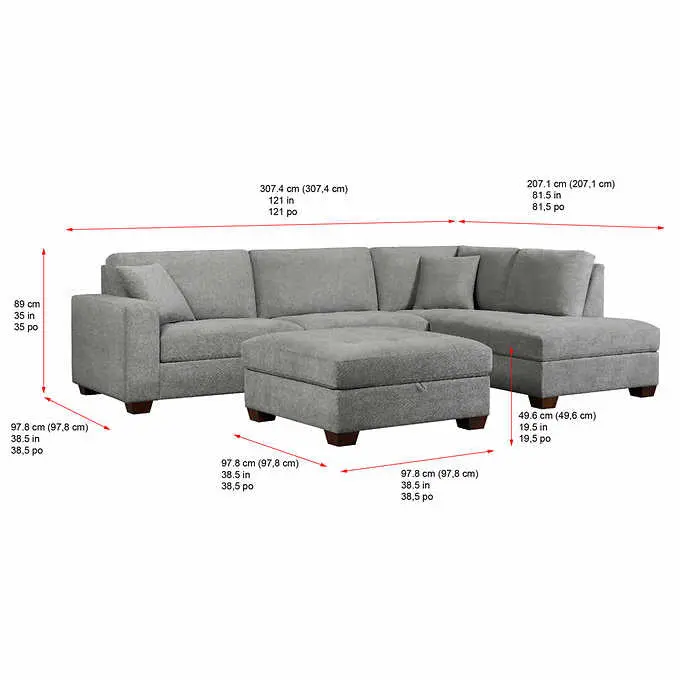 Thomasville Miles Fabric Sectional Sofa Featuring Built-In Ottoman and Concealed Storage