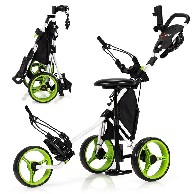 Three-Wheel Golf Push Cart – Space-Saving Foldable Caddy with Ergonomic Seat and Precision-Rolling Wheels