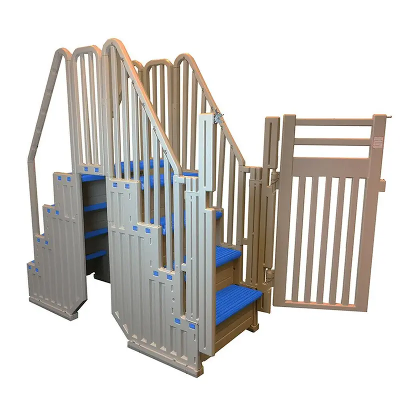 Warm Gray Above-Ground Pool System with Blue Steps and Secure Closure