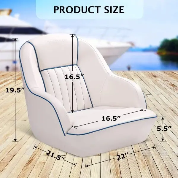 White-and-Blue Pontoon Boat Captain’s Seat — Space-Saving Fold-Back Backrest Design