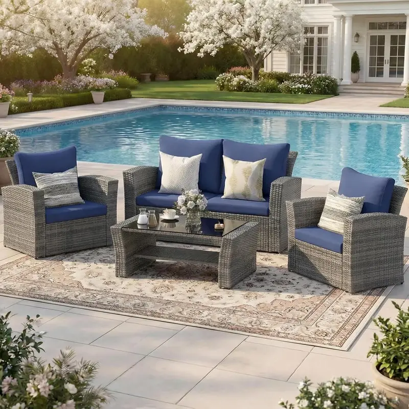 Wisteria Lane Navy Blue 4-Piece All-Weather Wicker Patio Sofa Set Including Comfort Cushions and Clear Glass Coffee Table