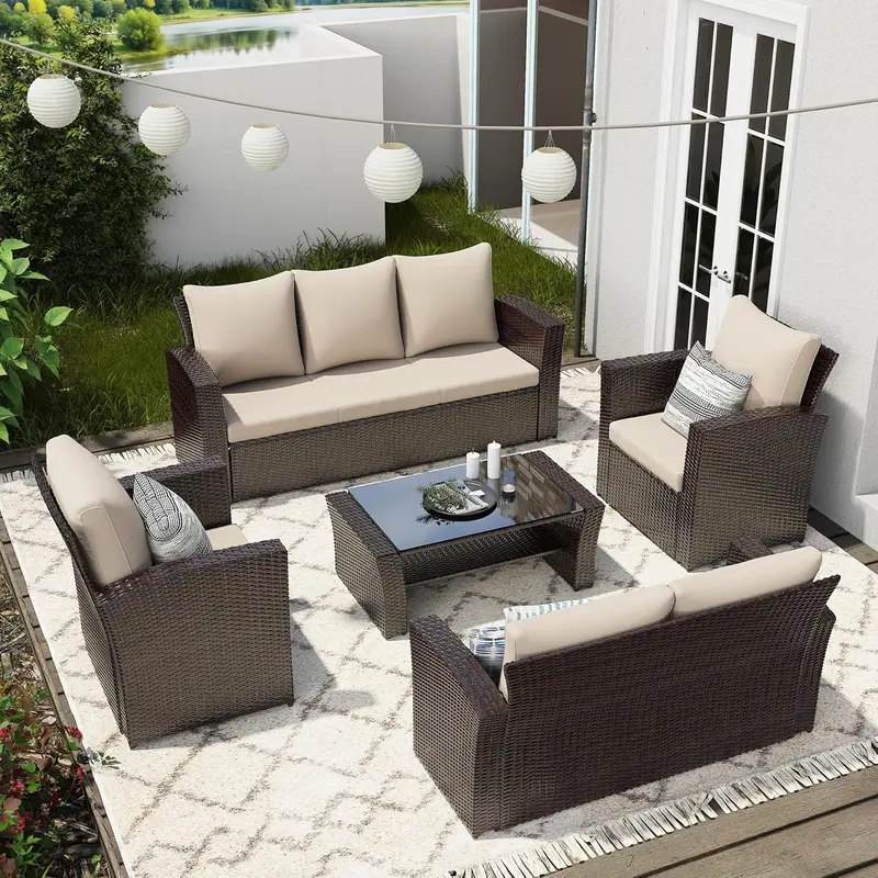 Wisteria Lane Navy Blue 4-Piece All-Weather Wicker Patio Sofa Set Including Comfort Cushions and Clear Glass Coffee Table