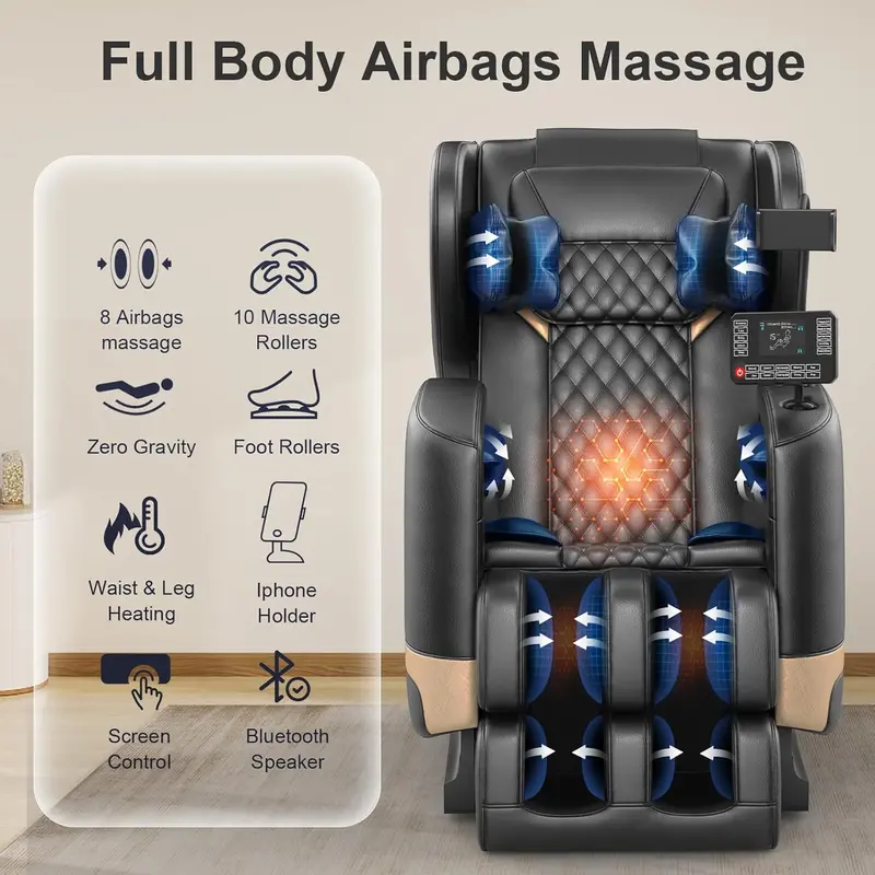 Zero-Gravity Full-Body Massage Chair – 10-Point Roller System, Heat Therapy, Foot Rollers, Bluetooth Audio & Intuitive Touchscreen Interface (Black/Brown)